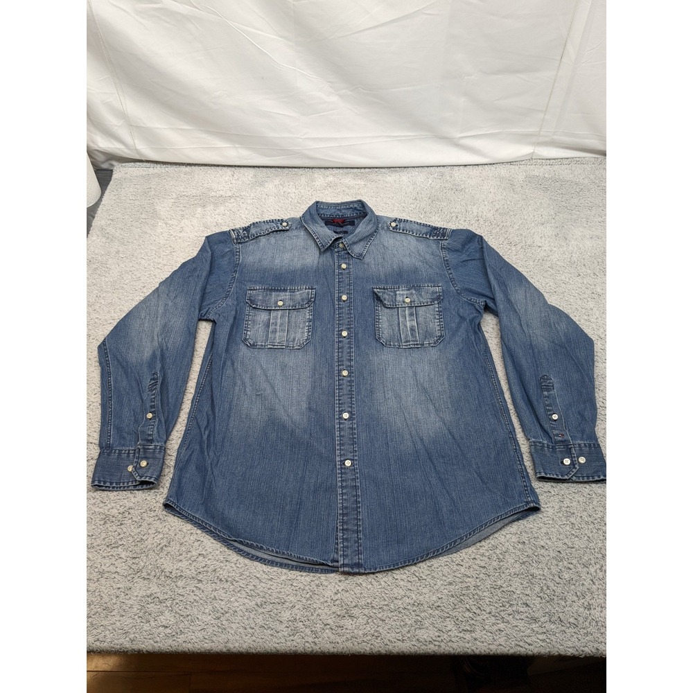Tommy Hilfiger Large Trim Fit‎ Denim Shirt Button Front Epaulets Utility Western